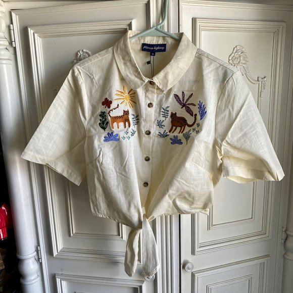 NWT Modcloth Safari Sun Chasers blouse w/ embroiderd tigers, women's size large - Picture 1 of 16